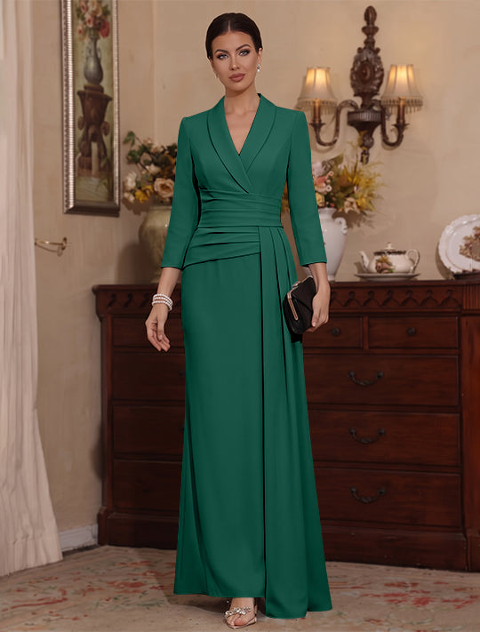 Sheath/Column V-Neck Stretch Satin Mother Of The Bride Dresses with Watteau Train 3/4 Sleeves Ankle-Length