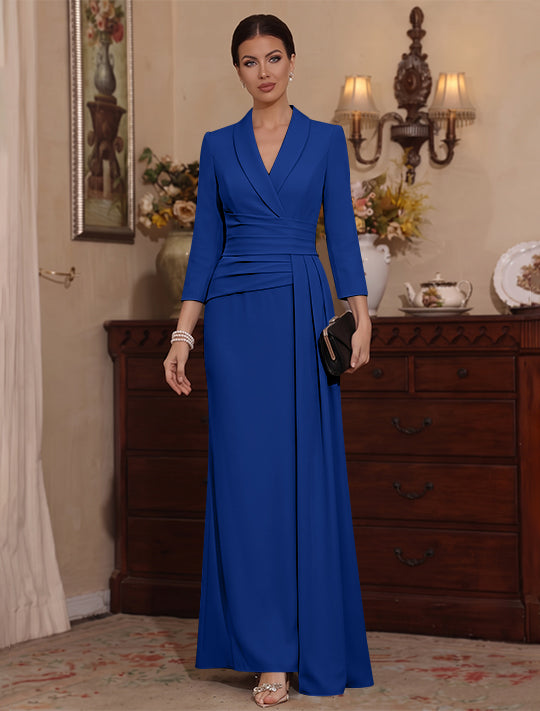 Sheath/Column V-Neck Stretch Satin Mother Of The Bride Dresses with Watteau Train 3/4 Sleeves Ankle-Length