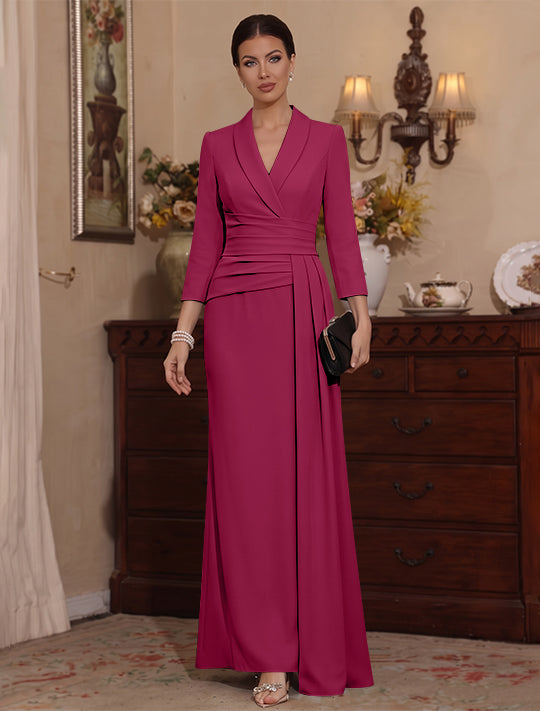 Sheath/Column V-Neck Stretch Satin Mother Of The Bride Dresses with Watteau Train 3/4 Sleeves Ankle-Length
