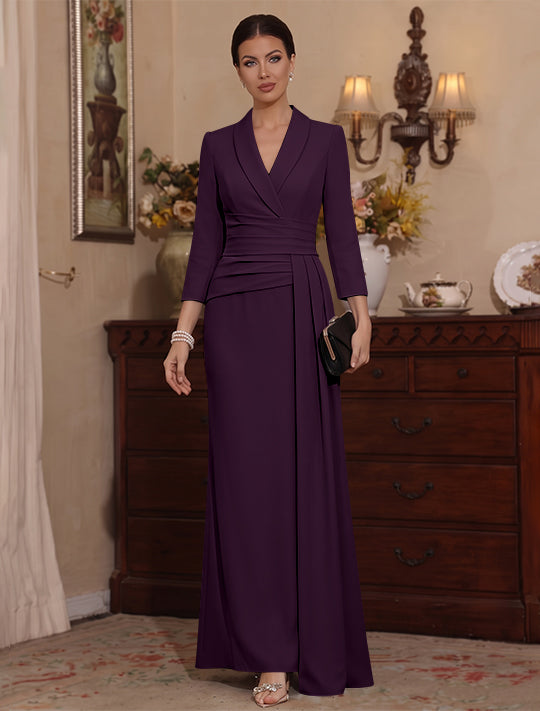 Sheath/Column V-Neck Stretch Satin Mother Of The Bride Dresses with Watteau Train 3/4 Sleeves Ankle-Length