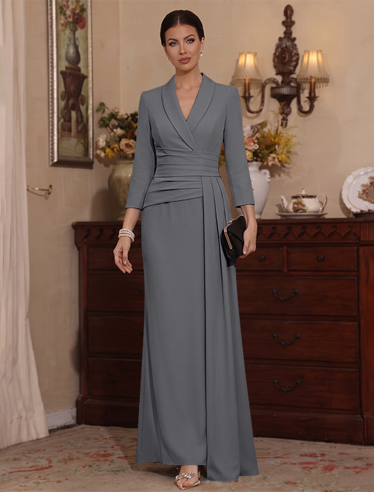 Sheath/Column V-Neck Stretch Satin Mother Of The Bride Dresses with Watteau Train 3/4 Sleeves Ankle-Length