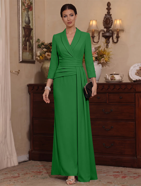 Sheath/Column V-Neck Stretch Satin Mother Of The Bride Dresses with Watteau Train 3/4 Sleeves Ankle-Length
