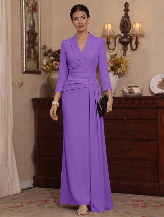 Sheath/Column V-Neck Stretch Satin Mother Of The Bride Dresses with Watteau Train 3/4 Sleeves Ankle-Length