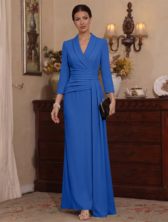 Sheath/Column V-Neck Stretch Satin Mother Of The Bride Dresses with Watteau Train 3/4 Sleeves Ankle-Length