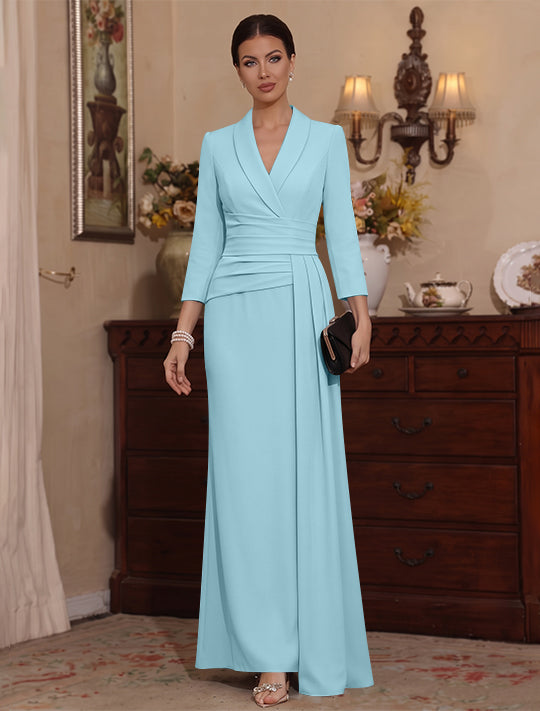Sheath/Column V-Neck Stretch Satin Mother Of The Bride Dresses with Watteau Train 3/4 Sleeves Ankle-Length