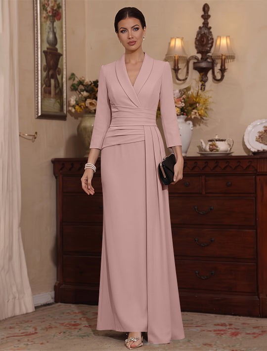 Sheath/Column V-Neck Stretch Satin Mother Of The Bride Dresses with Watteau Train 3/4 Sleeves Ankle-Length