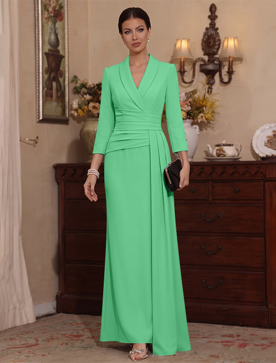 Sheath/Column V-Neck Stretch Satin Mother Of The Bride Dresses with Watteau Train 3/4 Sleeves Ankle-Length