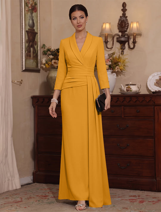 Sheath/Column V-Neck Stretch Satin Mother Of The Bride Dresses with Watteau Train 3/4 Sleeves Ankle-Length