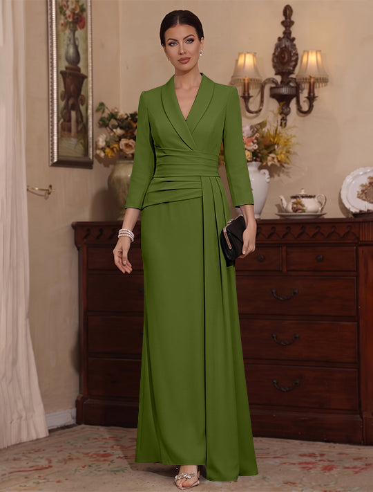 Sheath/Column V-Neck Stretch Satin Mother Of The Bride Dresses with Watteau Train 3/4 Sleeves Ankle-Length