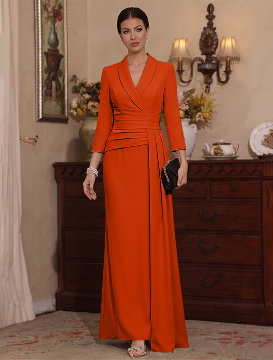 Sheath/Column V-Neck Stretch Satin Mother Of The Bride Dresses with Watteau Train 3/4 Sleeves Ankle-Length