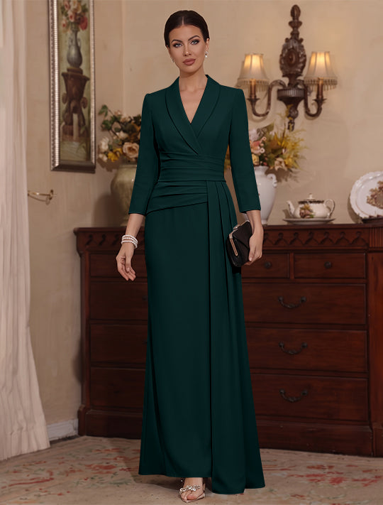 Sheath/Column V-Neck Stretch Satin Mother Of The Bride Dresses with Watteau Train 3/4 Sleeves Ankle-Length