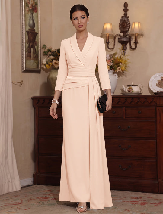 Sheath/Column V-Neck Stretch Satin Mother Of The Bride Dresses with Watteau Train 3/4 Sleeves Ankle-Length