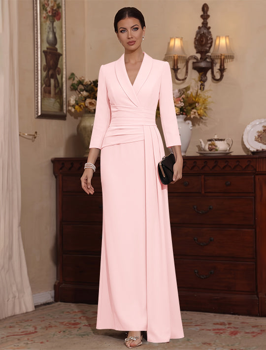 Sheath/Column V-Neck Stretch Satin Mother Of The Bride Dresses with Watteau Train 3/4 Sleeves Ankle-Length