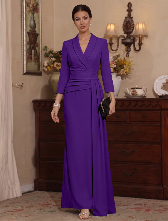 Sheath/Column V-Neck Stretch Satin Mother Of The Bride Dresses with Watteau Train 3/4 Sleeves Ankle-Length