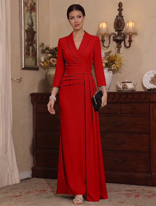 Sheath/Column V-Neck Stretch Satin Mother Of The Bride Dresses with Watteau Train 3/4 Sleeves Ankle-Length