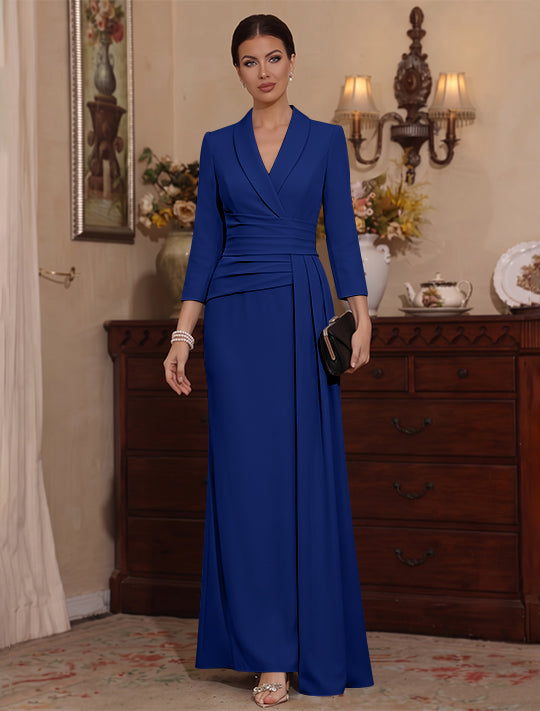 Sheath/Column V-Neck Stretch Satin Mother Of The Bride Dresses with Watteau Train 3/4 Sleeves Ankle-Length