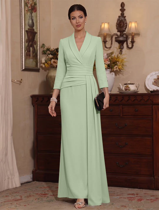 Sheath/Column V-Neck Stretch Satin Mother Of The Bride Dresses with Watteau Train 3/4 Sleeves Ankle-Length