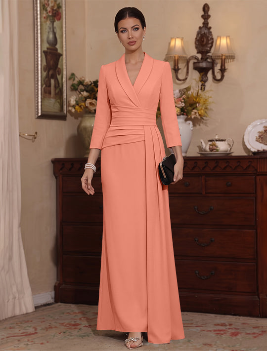 Sheath/Column V-Neck Stretch Satin Mother Of The Bride Dresses with Watteau Train 3/4 Sleeves Ankle-Length