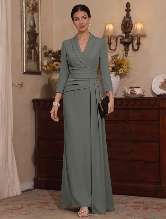 Sheath/Column V-Neck Stretch Satin Mother Of The Bride Dresses with Watteau Train 3/4 Sleeves Ankle-Length