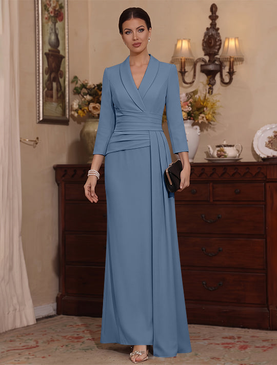 Sheath/Column V-Neck Stretch Satin Mother Of The Bride Dresses with Watteau Train 3/4 Sleeves Ankle-Length