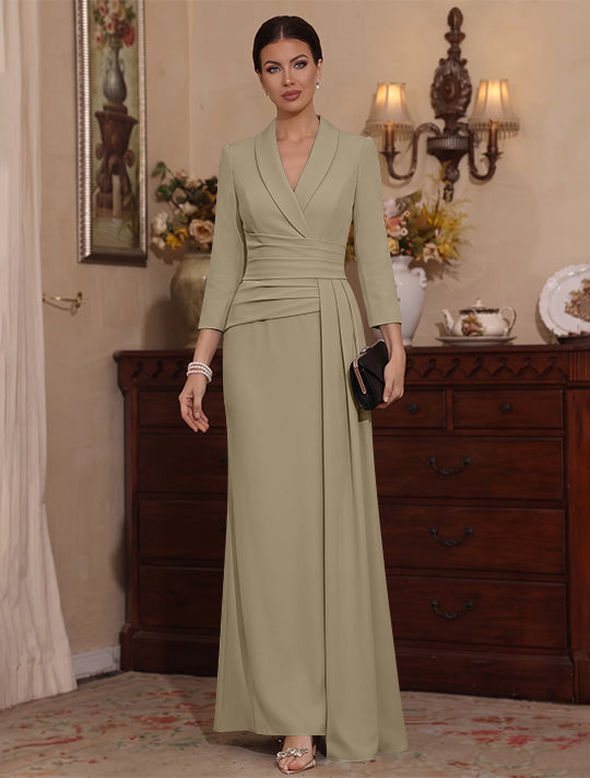 Sheath/Column V-Neck Stretch Satin Mother Of The Bride Dresses with Watteau Train 3/4 Sleeves Ankle-Length