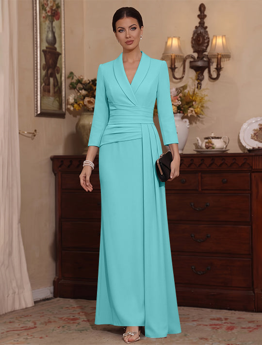 Sheath/Column V-Neck Stretch Satin Mother Of The Bride Dresses with Watteau Train 3/4 Sleeves Ankle-Length