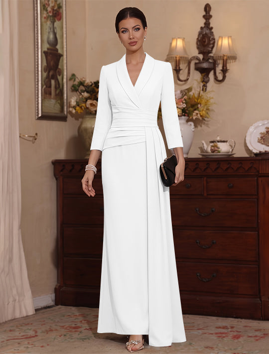 Sheath/Column V-Neck Stretch Satin Mother Of The Bride Dresses with Watteau Train 3/4 Sleeves Ankle-Length