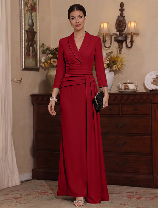 Sheath/Column V-Neck Stretch Satin Mother Of The Bride Dresses with Watteau Train 3/4 Sleeves Ankle-Length