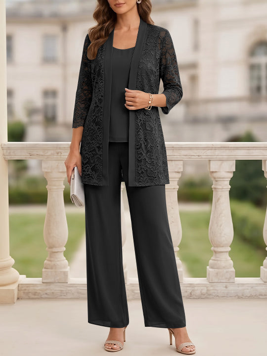 3 Pieces Suit Scoop Chiffon Mother of the Bride Pantsuits with Jacket 3/4 Sleeves Lace Floor-Length
