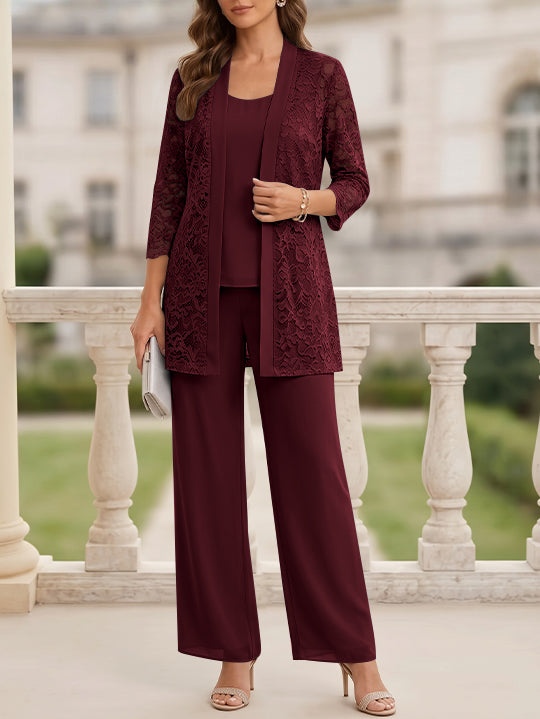 3 Pieces Suit Scoop Chiffon Mother of the Bride Pantsuits with Jacket 3/4 Sleeves Lace Floor-Length