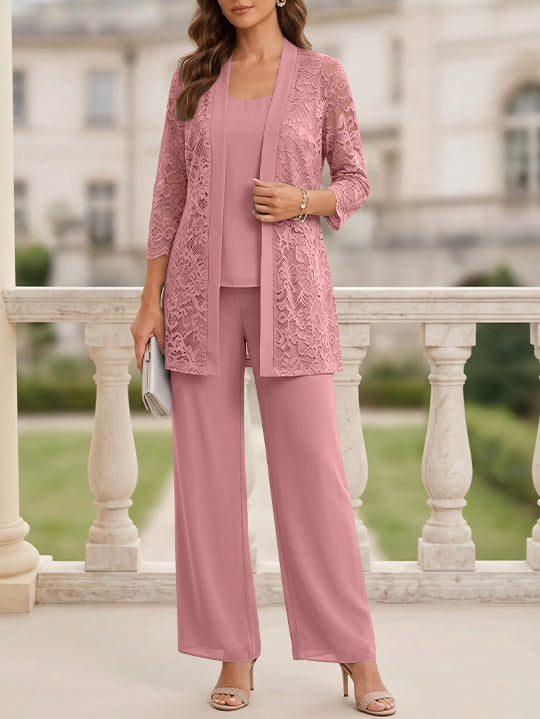 3 Pieces Suit Scoop Chiffon Mother of the Bride Pantsuits with Jacket 3/4 Sleeves Lace Floor-Length