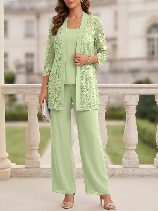 3 Pieces Suit Scoop Chiffon Mother of the Bride Pantsuits with Jacket 3/4 Sleeves Lace Floor-Length