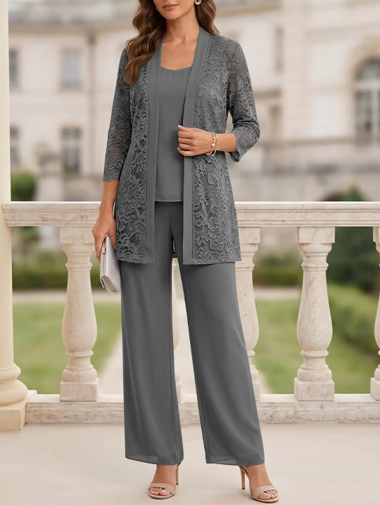 3 Pieces Suit Scoop Chiffon Mother of the Bride Pantsuits with Jacket 3/4 Sleeves Lace Floor-Length