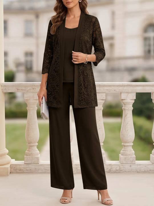 3 Pieces Suit Scoop Chiffon Mother of the Bride Pantsuits with Jacket 3/4 Sleeves Lace Floor-Length