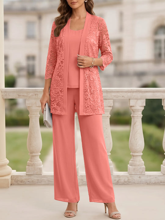 3 Pieces Suit Scoop Chiffon Mother of the Bride Pantsuits with Jacket 3/4 Sleeves Lace Floor-Length