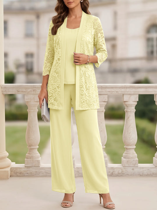 3 Pieces Suit Scoop Chiffon Mother of the Bride Pantsuits with Jacket 3/4 Sleeves Lace Floor-Length