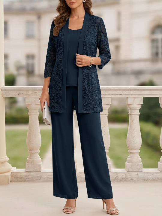 3 Pieces Suit Scoop Chiffon Mother of the Bride Pantsuits with Jacket 3/4 Sleeves Lace Floor-Length