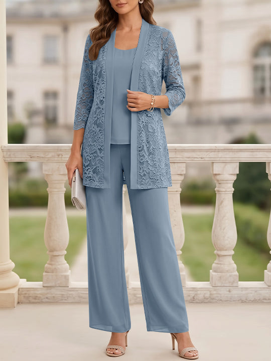 3 Pieces Suit Scoop Chiffon Mother of the Bride Pantsuits with Jacket 3/4 Sleeves Lace Floor-Length