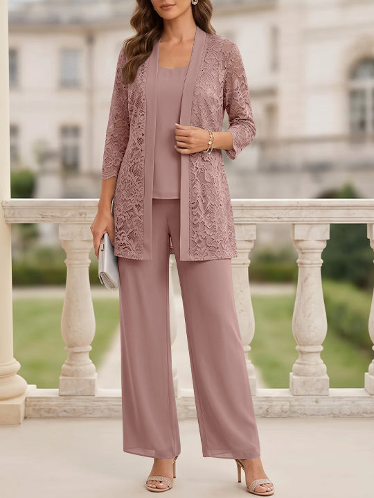 3 Pieces Suit Scoop Chiffon Mother of the Bride Pantsuits with Jacket 3/4 Sleeves Lace Floor-Length