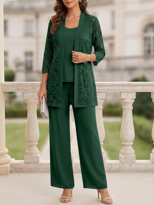 3 Pieces Suit Scoop Chiffon Mother of the Bride Pantsuits with Jacket 3/4 Sleeves Lace Floor-Length