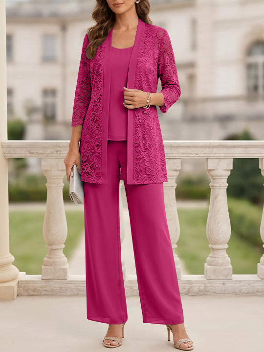 3 Pieces Suit Scoop Chiffon Mother of the Bride Pantsuits with Jacket 3/4 Sleeves Lace Floor-Length