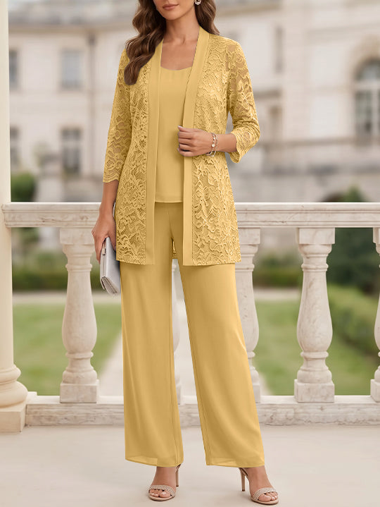 3 Pieces Suit Scoop Chiffon Mother of the Bride Pantsuits with Jacket 3/4 Sleeves Lace Floor-Length