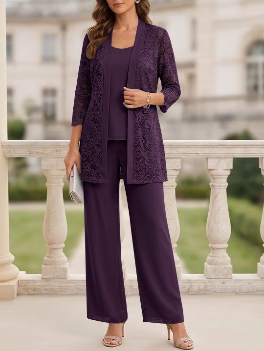 3 Pieces Suit Scoop Chiffon Mother of the Bride Pantsuits with Jacket 3/4 Sleeves Lace Floor-Length