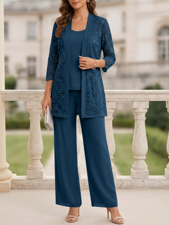 3 Pieces Suit Scoop Chiffon Mother of the Bride Pantsuits with Jacket 3/4 Sleeves Lace Floor-Length