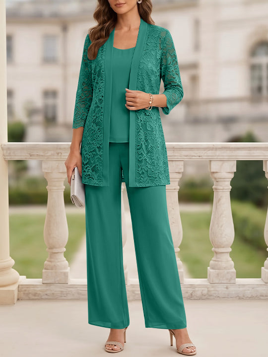 3 Pieces Suit Scoop Chiffon Mother of the Bride Pantsuits with Jacket 3/4 Sleeves Lace Floor-Length