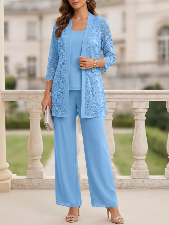 3 Pieces Suit Scoop Chiffon Mother of the Bride Pantsuits with Jacket 3/4 Sleeves Lace Floor-Length