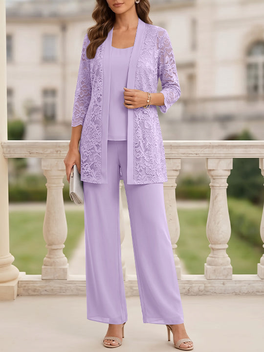 3 Pieces Suit Scoop Chiffon Mother of the Bride Pantsuits with Jacket 3/4 Sleeves Lace Floor-Length