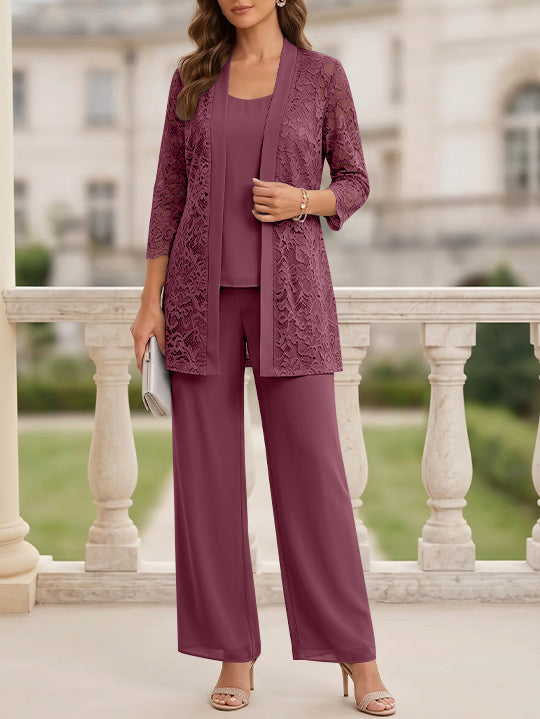 3 Pieces Suit Scoop Chiffon Mother of the Bride Pantsuits with Jacket 3/4 Sleeves Lace Floor-Length