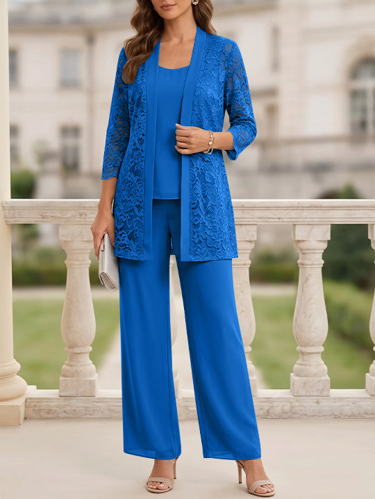 3 Pieces Suit Scoop Chiffon Mother of the Bride Pantsuits with Jacket 3/4 Sleeves Lace Floor-Length