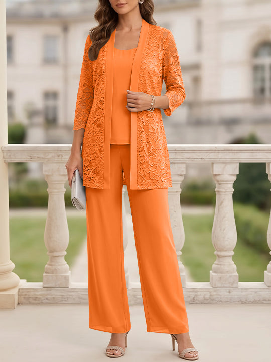 3 Pieces Suit Scoop Chiffon Mother of the Bride Pantsuits with Jacket 3/4 Sleeves Lace Floor-Length